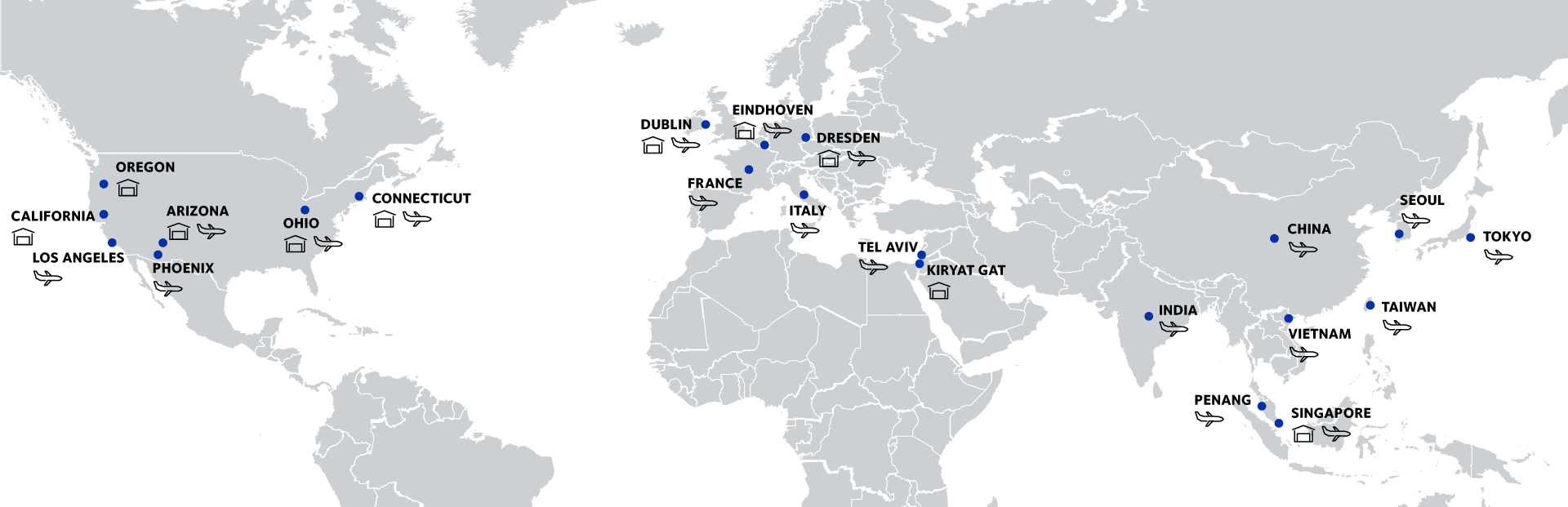 Map of the USA showing specialist infrastructure for semicon operations